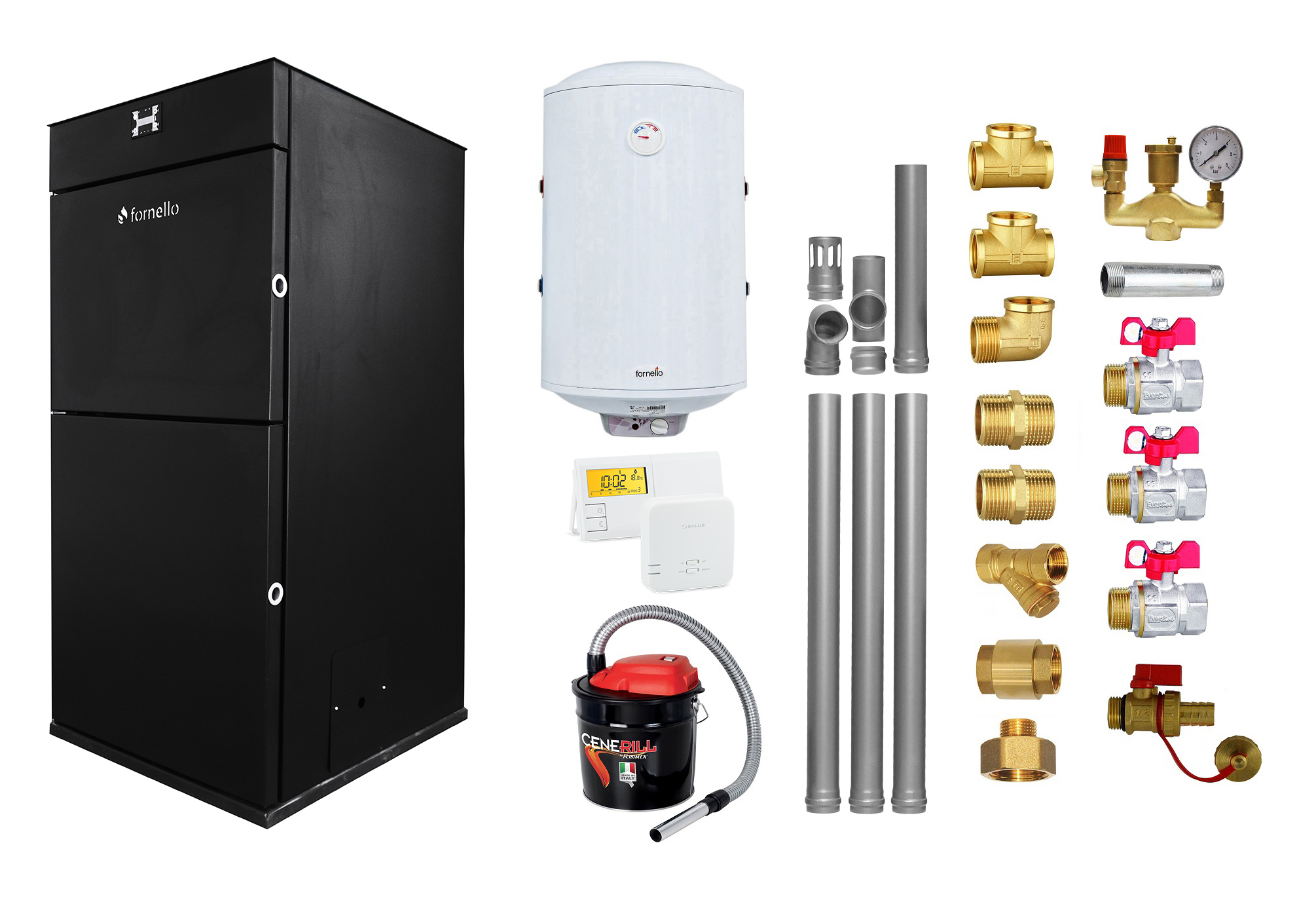 Pachet Centrala peleti Fornello Pellet King 25 kw, complet echipata pentru incalzire, pompa circulatie, vas expansiune, automatizare, kit evacuare 3.5 ml, Boiler Termoelectric Fornello 100 l, Termostat Salus 091FLRFV2, Aspirator si kit montaj