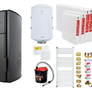 Pachet Centrala peleti Fornello Royal B 25 kw, complet echipata pentru  incalzire,  pompa circulatie, vas  expansiune,  automatizare, kit evacuare 3.5 ml, Boiler Termoelectric Fornello 100 l, Termostat Salus 091FLRFV2, Aspirator, Radiatoare si kit mo