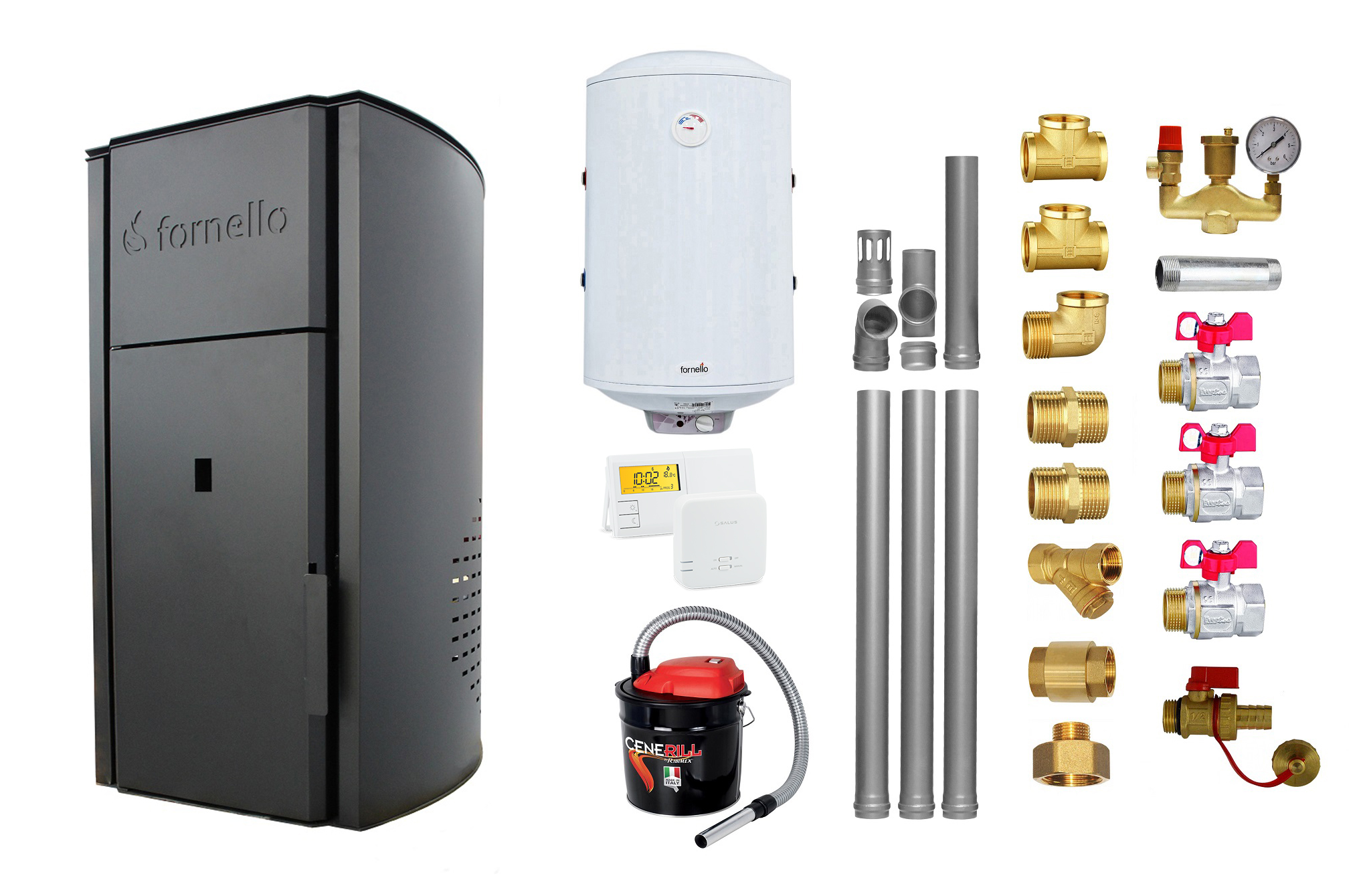 Pachet Centrala peleti Fornello Royal B 25 kw, complet echipata pentru incalzire, pompa circulatie, vas expansiune, automatizare, kit evacuare 3.5 ml, Boiler Termoelectric Fornello 100 l, Termostat Salus 091FLRFV2, Aspirator si kit montaj
