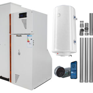 Pachet Centrala termica compacta pe peleti Fornello Rossi Camino Compact Automatic 25 kw, boiler, kit evacuare, pompa de circulatie, vas expansiune, tiraj fortat, curatare automata a arzatorului si a drumurilor de fum, Ecodesign, A+