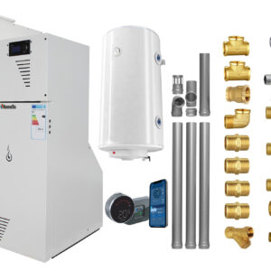 Pachet Centrala termica compacta pe peleti Fornello Rossi Camino Compact Automatic 25 kw, boiler, termostat, kit evacuare, fitinguri, pompa de circulatie, vas expansiune, tiraj fortat, curatare automata a arzatorului si a drumurilor de fum, Ecodesign