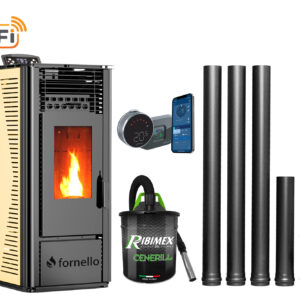 Pachet complet pentru incalzire cu control de la distanta format din Semineu (soba) pe peleti cu tiraj fortat Fornello SOPHIA WI-FI 11 kw, termostat Salus IT 800, aspirator, kit de evacuare 3,5 metri, telecomanda, Wi-fi, culoare Ivory