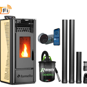 Pachet complet pentru incalzire cu control de la distanta format din Semineu (soba) pe peleti cu tiraj fortat Fornello SOPHIA WI-FI 11 kw, termostat Salus IT 800, aspirator, kit de evacuare 2,5 metri, telecomanda, Wi-fi, culoare Ivory