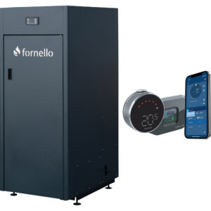Pachet control de la distanta, Centrala pe peleti Fornello King Plus 30 KW, termostat, pompa de circulatie, vas de expansiune, supapa de siguranta, automatizare, rezervor pentru peleti 125 kg, creuzet din fonta, tiraj fortat