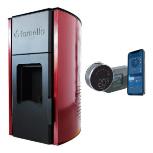 Pachet control de la distanta Termosemineu  centrala peleti Fornello Royal Bordeaux 25 kw, complet echipat pentru   incalzire, pompa, vas  expansiune, automatizare, telecomanda, buncar peleti tiraj fortat si termostat Wi-Fi Salus IT 800