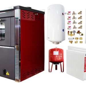 Pachet incalzire si apa calda 2 camere Termosemineu FORNELLO STAR Red 34 kw pe combustibil solid prevazut cu plita si cuptor pentru gatit, echipat cu pompa de circulare, cos inox, boiler termoelectric 100l, vas expansiune, kit montaj si calorifere