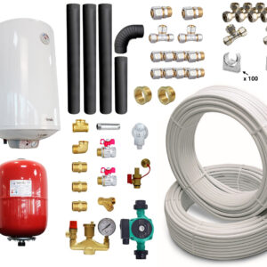 Pachet incalzire si apa calda pentru 2 camere Termosemineu pe lemne, brichete si carbune Fornello MILANO E, 24 KW, cuptor, Ivory, 580x560x1060 mm, boiler termoelectric 100l, teava, vas expansiune, pompa circulatie, calorifere, kit evacuare si fitingu