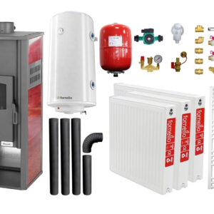 Pachet incalzire si apa calda pentru 2 camere Termosemineu pe lemne, brichete si carbune Fornello Roma E, 22 kW, 49x45x103 cm, boiler termoelectric 100l, vas expansiune, pompa circulatie, kit evacuare, calorifere si kit montaj