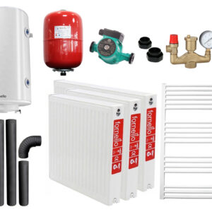 Pachet incalzire si apa calda pentru 2 camere Termosemineu pe lemne, brichete si carbune Fornello Roma E, 22 kW, 49x45x103 cm, teava PPR cu fitinguri, boiler termoelectric 100l, vas expansiune, pompa circulatie, kit evacuare, calorifere si kit montaj