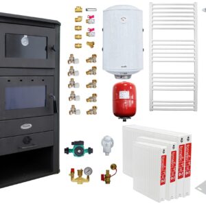 Pachet incalzire si apa calda pentru 3 camere Termosemineu pe lemne, brichete si carbune Fornello MILANO E, 24 KW, cuptor, Ivory, 580x560x1060 mm, cos inox, boiler termoelectric 100l, vas expansiune, pompa circulatie, calorifere si kit montaj