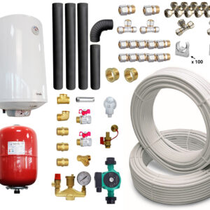 Pachet incalzire si apa calda pentru 3 camere Termosemineu pe lemne, brichete si carbune Fornello MILANO E, 24 KW, cuptor, Ivory, 580x560x1060 mm, boiler termoelectric 100l, teava, vas expansiune, pompa circulatie, calorifere, kit evacuare si fitingu
