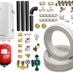 Pachet incalzire si apa calda pentru 3 camere Termosemineu pe lemne, brichete si carbune Fornello Roma E, Bordeaux, 22 kW, 49x45x103 cm, teava, boiler termoelectric 100l, vas expansiune, pompa circulatie, kit evacuare, calorifere si fitingu