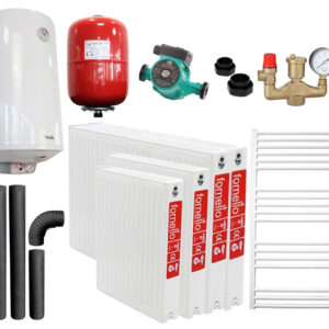 Pachet incalzire si apa calda pentru 3 camere Termosemineu pe lemne, brichete si carbune Fornello PADOVA E, 19.4 kW, 510x500x910 mm, teava PPR si fitinguri, boiler termoelectric 80l, vas expansiune, pompa circulare, calorifere, kit evacuare si kit mo