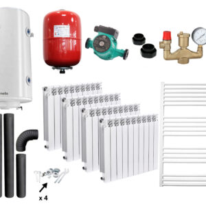 Pachet incalzire si apa calda Termosemineu pe lemne, brichete si carbune Fornello Roma E, Ivory, 22 kW, calorifere aluminiu Fornello Alvo, teava PPR si fitinguri, boiler termoelectric 100l, vas expansiune, pompa circulatie, kit evacuare kit montaj
