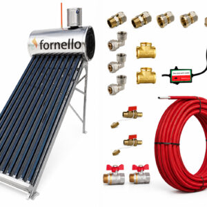 Pachet panou solar nepresurizat Fornello pentru producere apa calda, cu rezervor inox 82 litri, 10 tuburi vidate, vas flotor 5 litri, pompa ridicare presiune, teava hidronix si fitinguri montaj