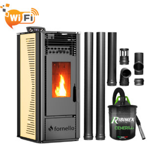 Pachet pentru incalzire format din Semineu (soba) pe peleti cu tiraj fortat Fornello SOPHIA WI-FI 11 kw, aspirator, kit de evacuare 2,5 metri, telecomanda, Wi-fi, culoare Ivory