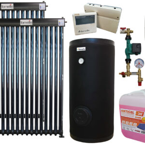 Pachet sistem solar presurizat, panou Fornello 30 Tuburi Heat Pipe, Boiler 2 serpentine Fornello SOL 300 LT 2S, controller, vas expansiune, grup pompare, aerisitor 1/2, antigel