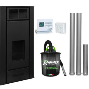 Pachet Termosemineu centrala pe peleti Fornello SERENA W25, 25 kw, culoare Ivory, complet echipat cu kit evacuare 2.5 ml, Termostat Radio Comanda Computherm Q3 RF, Aspirator Cenusa, suprafata incalzita pana la 150 mp