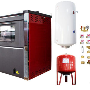 Pachet Termosemineu FORNELLO STAR Red 34 kw pe combustibil solid ( lemn,carbune,bricheti ) prevazut cu plita si cuptor pentru gatit, echipat cu pompa de circulare, cos inox, boiler termoelectric 100l, vas expansiune, kit montaj