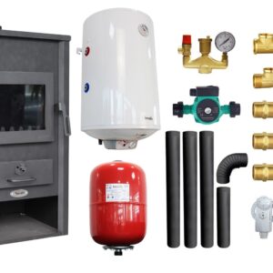 Pachet Termosemineu pe lemne, brichete si carbune Fornello B2E, 14 kW, 46x45x91 cm, boiler termoelectric 80l, vas expansiune, pompa circulatie, kit evacuare si kit montaj