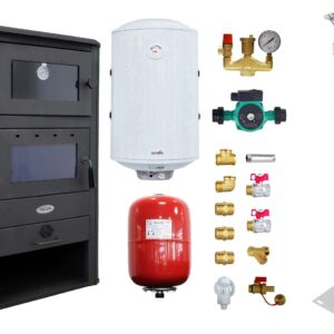 Pachet Termosemineu pe lemne, brichete si carbune Fornello MILANO E, 24 KW, cuptor, Ivory, 580x560x1060 mm, cos inox, boiler termoelectric 100l, vas expansiune, pompa circulatie si kit montaj