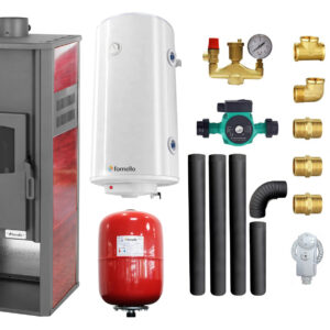 Pachet Termosemineu pe lemne, brichete si carbune Fornello Roma E, Bordeaux, 22 kW, 49x45x103 cm, boiler termoelectric 100l, vas expansiune, pompa circulatie, kit evacuare si kit montaj