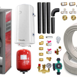 Pachet Termosemineu pe lemne, brichete si carbune Fornello Roma E, Bordeaux, 22 kW, 49x45x103 cm, boiler termoelectric 100l, teava, vas expansiune, pompa circulatie, kit evacuare si fitinguri