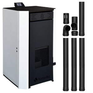 Pachet Termosemineu pe peleti Fornello EVA 30 KW, pompa circulatie, vas expansiune, Grup siguranta, WI-FI, buncar, tiraj fortat, kit evacuare 3.5 ml, Clasa A++, recomandat pentru 200 mp, Alb
