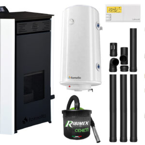 Pachet Termosemineu pe peleti Fornello EVA 30 KW, pompa circulatie, vas expansiune, WI-FI, buncar, tiraj fortat, kit evacuare 3.5 ml, termostat, aspirator, boiler 100L si Fitinguri montaj