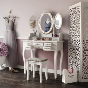 SEA494 - Set Masa toaleta cu LED, 90 cm, cosmetica machiaj cu oglinda, masuta vanity, scaun tapitat - Gri