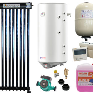 Sistem solar presurizat, panou Fornello 10 Tuburi Heat Pipe, boiler cu 2 serpentine si rezistenta electrica Eldom 100 litri, pompa 25-60, controller, vas expansiune, antigel, supapa 1/2, aerisitor 1/2