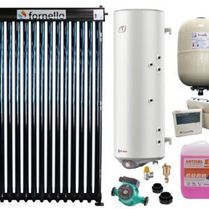 Sistem solar presurizat, panou Fornello 15 Tuburi Heat Pipe, boiler cu 2 serpentine si rezistenta electrica Eldom 150 litri, pompa 25-60, controller, vas expansiune, antigel, supapa 1/2, aerisitor 1/2