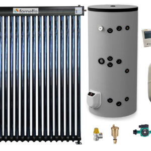 Sistem solar presurizat, panou Fornello 20 Tuburi Heat Pipe, boiler cu 2 serpentine si rezistenta electrica Eldom 200 litri cu montaj pe sol, pompa 25-60, controller, vas expansiune, antigel, supapa 1/2, aerisitor 1/2