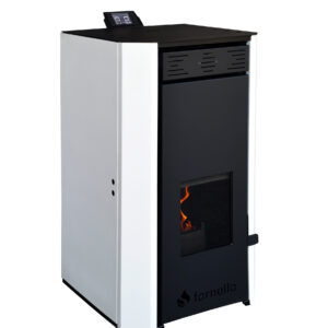 Termosemineu pe peleti Fornello EVA 30 KW, pompa circulatie, vas expansiune, WI-FI, buncar, tiraj fortat, recomandat pentru 200 mp, Alb