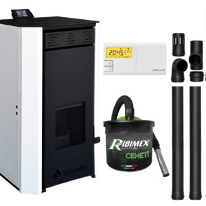 Pachet Termosemineu pe peleti Fornello EVA 30 KW, pompa circulatie, vas expansiune, Grup siguranta, WI-FI, buncar, tiraj fortat, kit evacuare, termostat Salus 091FLRFV2, aspirator, Clasa A++, recomandat pentru 200 mp, Alb